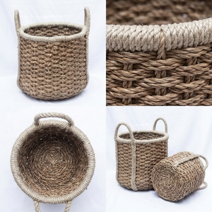 Juego de Cestas de Almacenamiento de Jacinto de Agua Natural y Pasto Marino, Macetas Cilíndricas con Asa Trenzada, Decoración Artística para el Hogar - Product Image 3