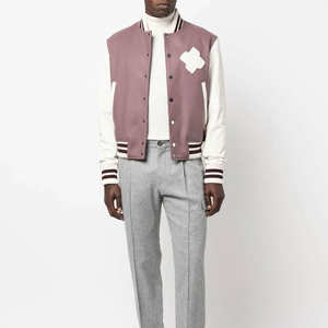 Hombres al por mayor Varsity Letterman chaqueta mezcla de lana cuerpo cuero mangas rayas acanalado Trim Stand botón a presión estilo Bombardero - Product Image 2