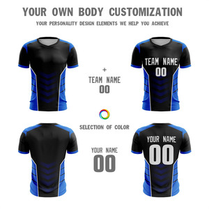 Maillot de football respirant, service OEM, vente en gros personnalisée, séchage rapide, 100% polyester, nom d'équipe personnalisé, vêtements de football bon marché noir et bleu - Product Image 3