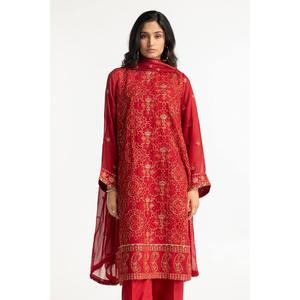 Ensemble de costume en mousseline de soie brodée rouge pour femmes, 3 pièces - Product Image 4