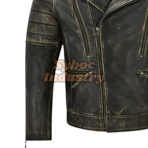 แจ็กเก็ตนักขี่จักรยานหนังวินเทจสำหรับผู้ชายเสื้อแจ็กเก็ตนักขี่มอเตอร์ไซค์หนังวัวแท้มีกระเป๋าและไหล่ - Product Image 2
