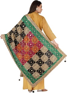 Intricate Mirror Stitch Dupatta <b>Green</b> Pink Embroidered Chinon <b>Silk</b> Ethnic Plain Style for Spring Season Printed for Muslims - Product Image 4