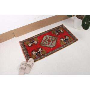 Turkish Vintage Rug 1.7x3.37 ft (52x103 cm), <b>Red</b> <b>Wool</b> Rug - Product Image 2