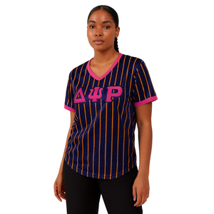 Delta Psi Rho Sorority Navy Pinstripe Pullover Jersey de béisbol Malla de poliéster Camiseta con cuello en V con bordado de relleno de huecos - Product Image 1