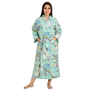 Kimono Largo Reversible de Algodón Kantha Pur para Mujer, Chaqueta Color Verde Pastel con Estampado de Mono - Product Image 1