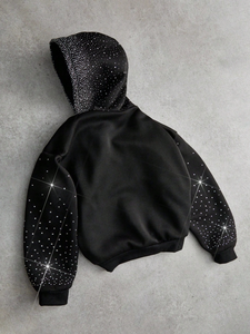 เสื้อฮู้ดดี้ผ้าฝ้าย 100% หนานุ่ม ระบายอากาศดี พิมพ์ลายดิจิทัล ปักเลื่อมสีดำ สไตล์สตรีทแวร์ สำหรับผู้ชาย แบบสั่งทำ - Product Image 5