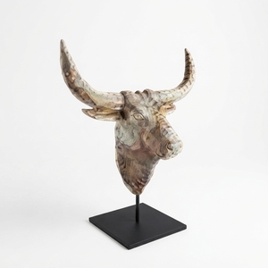 Handcrafted <b>wooden</b> bull suge stand sculpture <b>rustic</b> teak carved longhorn skull statue metal base table accent decoration item - Product Image 1