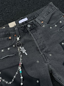 <span class=keywords><strong>Shorts</strong></span> personalizzati in Denim da uomo con catena in <span class=keywords><strong>pelle</strong></span> rattoppata Streetwear da uomo - Product Image 3