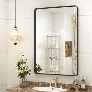 Modern <b>Black</b> Metal Framed Rectangular Wall Mirror with Architectural Intersecting Corners for <b>Bathroom</b> Vanity Entryway - Product Image 1