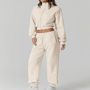 ชุดวอร์มผ้าคอตตอนสำหรับผู้หญิงชุดวิ่งแบบ2ชิ้นเสื้อครอปมีฮู้ด - Product Image 3