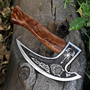 Wholesale Customized Hand Forged High Carbon Viking Pizza <b>Axe</b> with Custom Design Leather Sheath and Cutter Function for Chef Use - Product Image 6