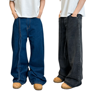 Jean droit ample pour homme, personnalisable avec logo, style streetwear, boutonné, en denim délavé et vieilli, avec cordon - Product Image 2