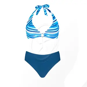 性感泳装沙滩泳衣露背领带中腰比基尼套装女式蓝色条纹泳衣