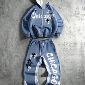 Ensemble survêtement unisexe vintage 2025 en polyester/coton respirant, comprenant un sweat à capuche court et un pantalon de survêtement évasé, avec impression en relief personnalisée - Product Image 1