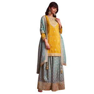 Traje Kurta Palazzo bordado de tejido amarillo, venta al por mayor, Ropa Étnica OEM para mujer, proveedor de fábrica, traje personalizado para fiesta de boda - Product Image 2