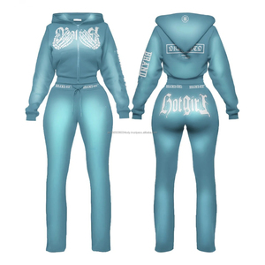 Conjunto de Sudadera y Pantalones Deportivos con Estampado de Apliques Personalizados, Lavado Ácido, con Cremallera, Pantalones Capri, Conjunto Deportivo Rosa - Product Image 2