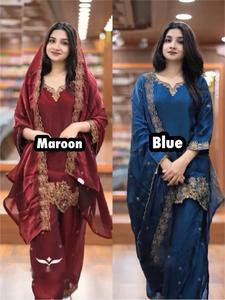 Heavy Silk Embroidery Sequence Work <b>Top</b> & Bottom Sequence Embroidered With Lace Border Dupatta Wedding Party Designer - Product Image 2