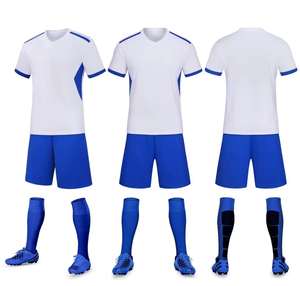 Ensemble de maillot et short de football unisexe personnalisé, respirant, à séchage rapide, antibactérien, extensible, blanc et bleu, uniforme d'entraînement - Product Image 1