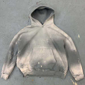 Sudadera con Capucha para Hombre, Estilo Vintage Francés, 100% Algodón, Lavada, Desgastada, Gruesa, con Doble Cremallera y Diseño de Salpicaduras de Pintura, Alta Calidad OEM - Product Image 4