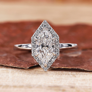 Bague de fiançailles simple en diamant taille marquise néerlandaise avec halo et forme hexagonale, 1 à 2 carats, diamant de laboratoire FVS - Product Image 2
