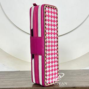 Luxury Pink Checkered Tooled Cowhide Leather Curling & Straightener Iron Holder <b>Travel</b> Friendly Heat Safe Hair Styling Organizer - Product Image 1