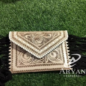 Nueva llegada elegante mano Tooled cuero flecos bolsos patrón occidental cuero de vaca real tallado bolsos cruzados mujeres Sling monederos - Product Image 1