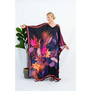 Womens Black Printed <b>Kaftan</b> Maxi Dress Floral Tropical Print Loose Fit Long Caftan Luxury Resort Wear - Product Image 1