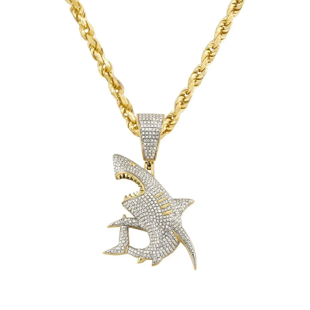 Bentuk Hiu Iced Out Hip Hop Liontin Emas Bersertifikat 4 MM 24 "Tali Rantai Kalung Perhiasan Hadiah untuk Pacar Anda