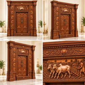 Porte de temple traditionnelle en teck avec sculptures Om et Swastika, porte de mandir indienne en bois de qualité supérieure avec sculptures complexes, USA - Product Image 3