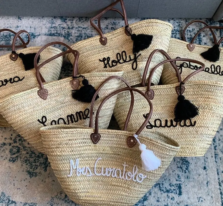 Panier de paille marocain personnalisé Chic avec pompon, sac de paille du marché, panier de palmier, sac de paille pour femmes, sac de transport quotidien