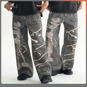 กางเกงยีนส์ขาตรงสไตล์สตรีทยีนส์พิมพ์ลายแฟชั่นผ้าคอตตอนแท้รุ่นเฮฟวี่เวท - Product Image 4