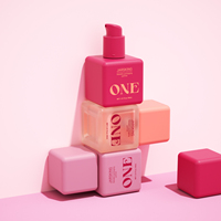 Emballage cosmétique personnalisé en verre rose de 1 oz (30 ml) en forme de cube, flacon pour sérum, lotion, avec pompe anti-fuite