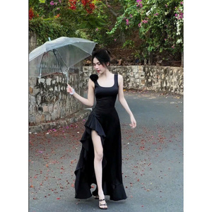 [Yêu thích] hoa trên vai Váy 2 Dây Đeo với tấm lớn cổ vuông 2 Lớp Hai khe dài thiết kế xù đẹp - Product Image 6