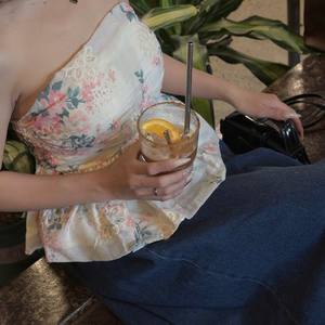 OEM Summer Floral Chiffon <b>Top</b> with <b>Built</b>-<b>in</b> <b>Bra</b> and Long Denim Skirt Set - Product Image 2