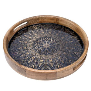 Plateau de service en bois de forme ronde fait à la main avec revêtement en émail brillant et poignée décorative imprimée - Product Image 1