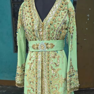 2025 @Stunning Women's Takchita Pista <b>Green</b> Caftan <b>Dress</b> with embellished Crystal glass beads, Dabka, Pearls, Stone work - Product Image 1