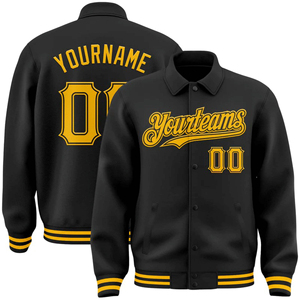 Veste de baseball universitaire personnalisée pour homme, noire et jaune, col montant, style bomber, broderie de nom et de numéro, bouton, vêtement d'extérieur - Product Image 1