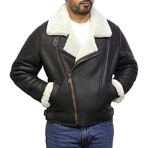 Black Flying Pilot Shearling <b>Leather</b> Bomber <b>Jacket</b> <b>Winter</b> <b>Jacket</b> Shearling Collar Zip Up Outerwear OEM Manufacturer in Pakistan - Product Image 2