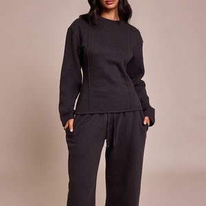 ชุดเซ็ตสเวตสูทผู้หญิงสีดำไซส์ใหญ่สั่งทำขายส่ง ผ้าฝ้ายฟลีซพรีเมียม คอกลมและกางเกงจ็อกเกอร์ขายาวทรงกว้าง - Product Image 6