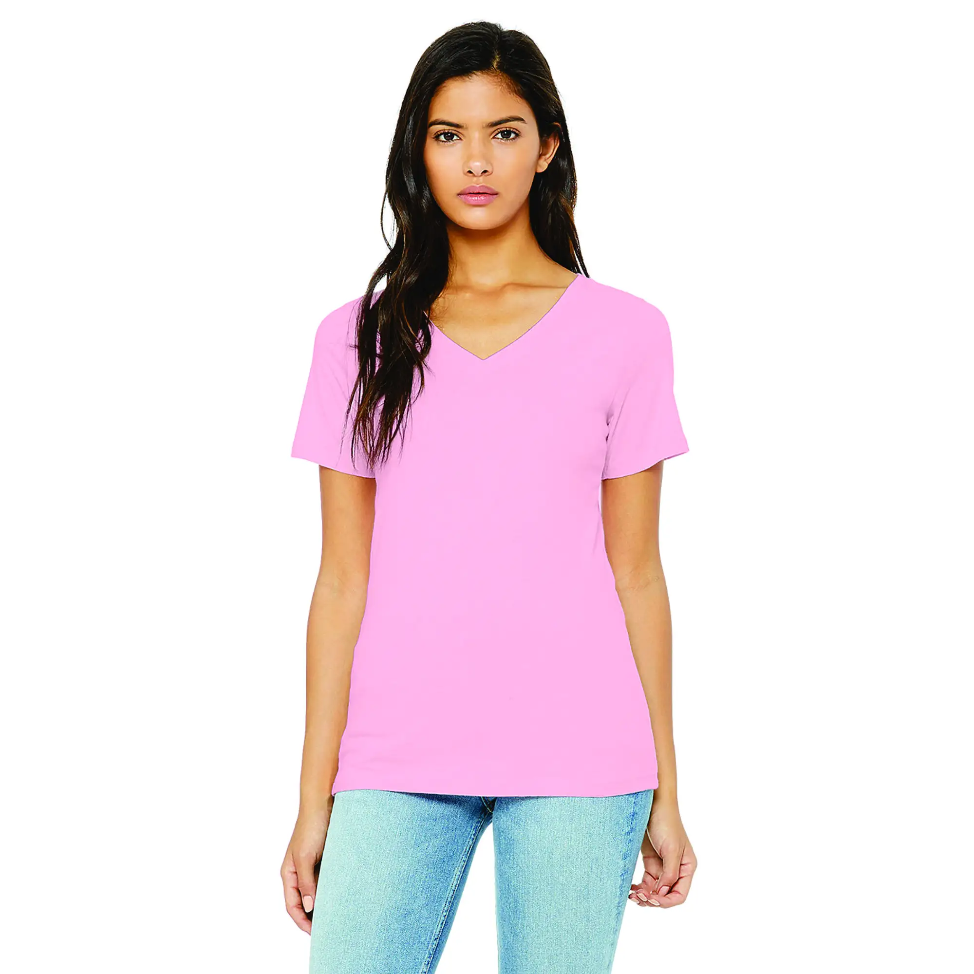 100% Airlume Combed and Ring Spun Cotton 32 싱글 4.2 oz 핑크 여성 편안한 저지 반팔 v 넥 티셔츠