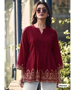 Vêtements ethniques indiens tendance, Kurti court avec motif plissé et broderie, tunique à bas prix, Kurtis en rayonne lourde - Product Image 1