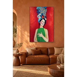 Fida, femme avec un coiffe de paon sur fond rouge, impression sur toile - Product Image 5