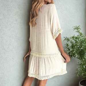 Vestido Mini de Verano con Cuello en V, Bordado y Borlas, Estilo Bohemio, Casual, Fluido, Hecho a Mano para Mujer - Product Image 3