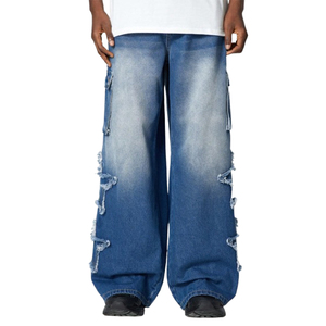 Demin <b>Men's</b> Casual Blue <b>Jeans</b> New American Style <b>High</b> <b>Waist</b> Wide Leg Hip Hop Design with Star Patch Plus Size Dark Light Washed - Product Image 1
