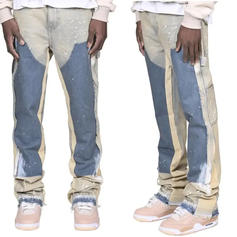 Popüler marka kot özelleştirmek boya sıçramak yıkanmış marangoz pantolon yığılmış alevlendi kot erkekler