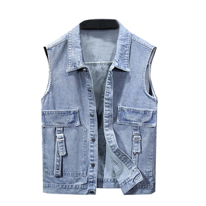 Men's Denim Jeans <b>Vests</b> Sleeveless Waistcoat Durable Fashionable Turn Down Collar Jeans <b>Vest</b> With Adjustable Strap Pocket - Product Image 1