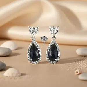 Boucles d'oreilles en argent 925 pour femmes, tendance, coupe diamant, or rose, or blanc, or 14 carats, saphir, option cadeau - Product Image 3