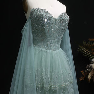 Robe de <span class=keywords><strong>soir</strong></span>ée Jancember LSZ532 vert sauge, robe de bal en tulle à volants, manches cape, robe de fête, Vestido De Noche, robe scintillante pour événement de gala - Product Image 6