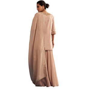 Blush <b>Pink</b> Chanderi Kurta Palazzo Set With Organza Dupatta Wholesale Women Ethnic Apparel OEM Clothing Factory Supplier Outfit - Product Image 5