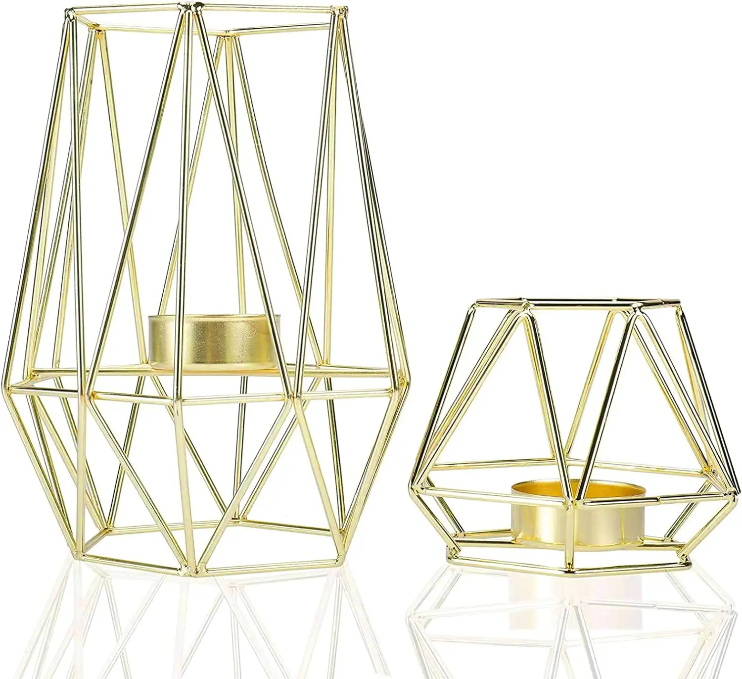 テーブル装飾用メタルワイヤーアイアンティーライトキャンドルホルダーリビングルーム浴室装飾ゴールド幾何学的形状ホルダー2個セット